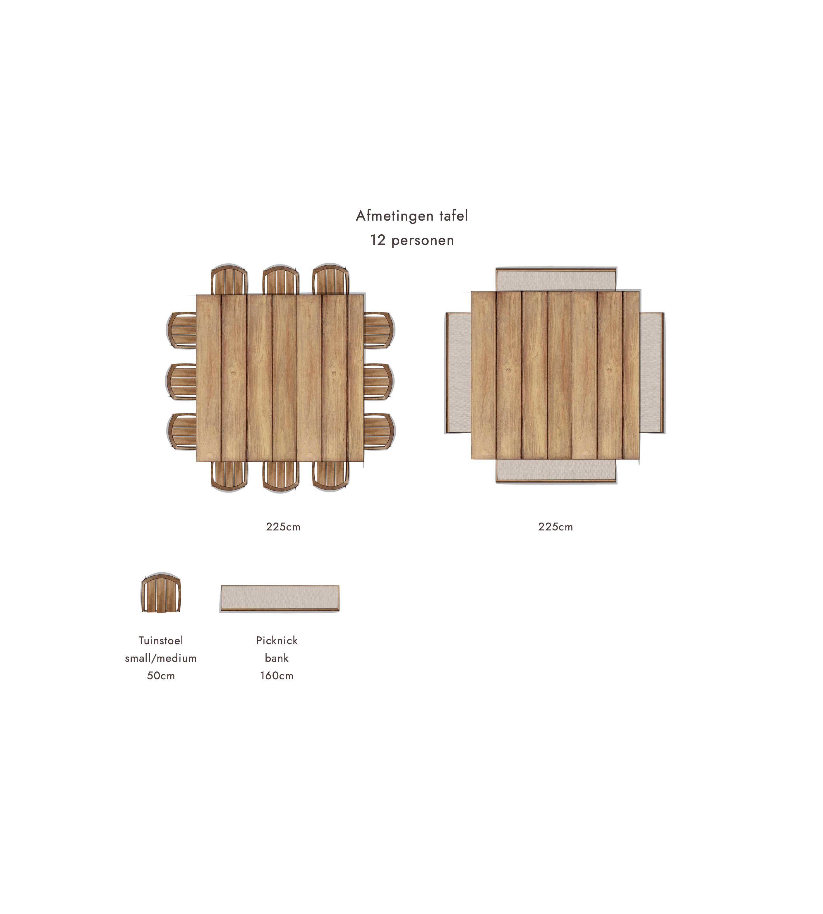 afmetingen vierkante tafel 12 personen